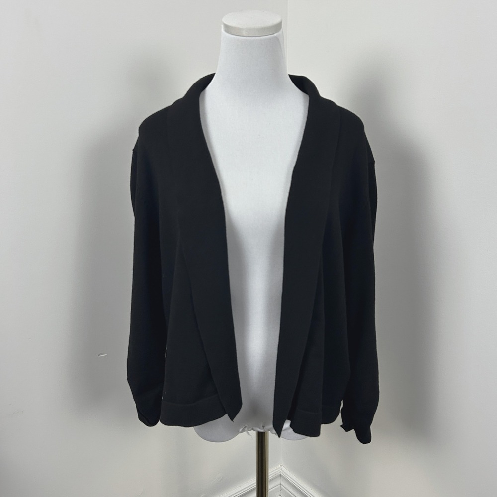 Verve Ami Cardigan Womens L Black Open Front 3/4 Ruched Sleeve Soft Knit